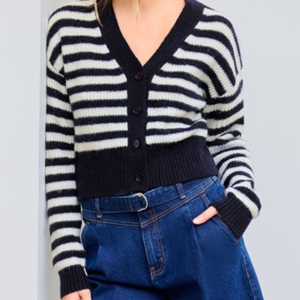 Wool-blend V-neck Striped Button Cardigan